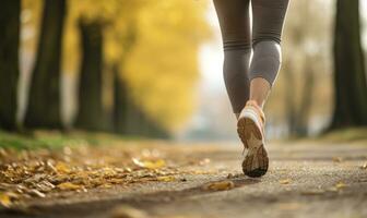 ai généré femme jambes dans blanc des chaussures contre l'automne feuilles Contexte photo