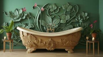 ai généré en bois baignoire contre une vert mur avec lotus fleur décoration photo