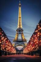 ai généré Noël arbre décoré avec éclairage près le Eiffel la tour dans Paris photo