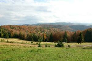 campagne dans montagnes à lever du soleil. herbeux rural pistes avec des champs et des arbres dans tomber feuillage dans l'automne photo