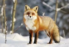 ai généré rouge Renard permanent sur neige. ai généré. photo