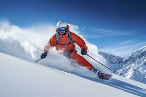 ai généré skieur ski sur Montagne pente. ai généré photo