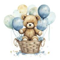 ai généré une aquarelle bébé nounours ours est séance dans le panier avec bleu et or des ballons. ai généré photo