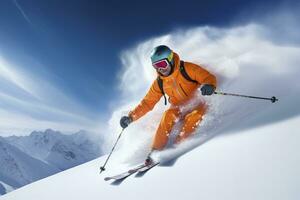 ai généré skieur ski sur Montagne pente. ai généré photo