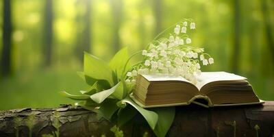 ai généré lis de le vallée fleurs et vieux livres dans le forêt, vert Naturel Contexte. ai généré photo