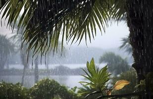 ai généré pluie dans le tropiques pendant le faible saison ou mousson saison. gouttes de pluie dans une jardin. génératif ai photo