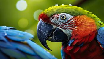 ai généré tropical ara perché, vibrant plumes dans se concentrer. génératif ai photo