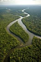 ai généré aérien vue de le amazonas jungle paysage avec rivière plier. génératif ai photo