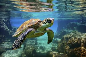 ai généré vert tortue à le eau de mer. ai généré photo