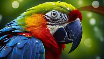 ai généré tropical ara perché, vibrant plumes dans se concentrer. génératif ai photo