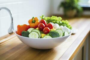 ai généré cuisine encore la vie avec blanc bol de lavé des légumes sur en bois bureau. ai généré photo