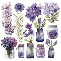 ai généré collection de aquarelle le maçon pots avec violet fleurs clipart. ai généré photo