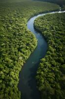 ai généré aérien vue de le amazonas jungle paysage avec rivière plier. génératif ai photo