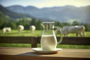 ai généré verre lanceur avec Frais Lait sur une en bois tableau. ai généré photo