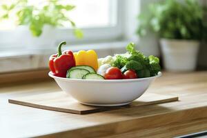 ai généré cuisine encore la vie avec blanc bol de lavé des légumes sur en bois bureau. ai généré photo