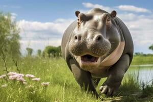 ai généré hippopotame en marchant dans une vert champ. ai généré photo