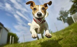 ai généré jack russel pasteur chien courir vers le caméra faible angle haute la vitesse tir. ai généré photo