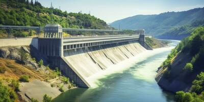 ai généré hydro-électrique barrage générateur vert énergie de écoulement l'eau. ai généré. photo