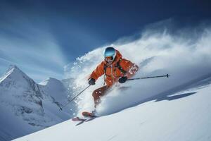 ai généré skieur ski sur Montagne pente. ai généré photo