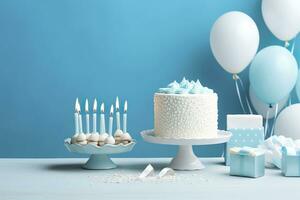 ai généré anniversaire gâteau avec bougies et bonbons sur blanc table près bleu mur. génératif ai photo