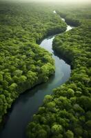 ai généré aérien vue de le amazonas jungle paysage avec rivière plier. génératif ai photo