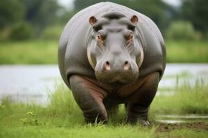 ai généré hippopotame en marchant dans une vert champ. ai généré photo