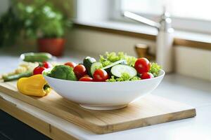 ai généré cuisine encore la vie avec blanc bol de lavé des légumes sur en bois bureau. ai généré photo