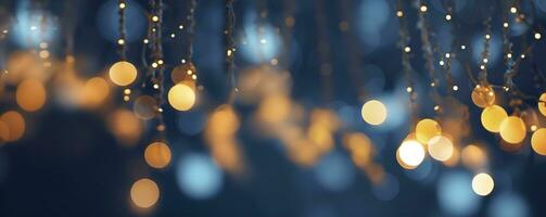 ai généré vacances éclairage et décoration concept, Noël guirlande bokeh lumières plus de foncé bleu Contexte. ai généré photo