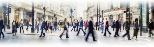 ai généré en marchant gens se brouiller. beaucoup de gens marcher dans le ville de Londres. large panoramique vue de gens traversée le route. ai généré photo