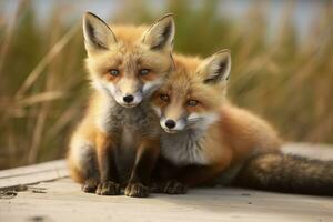 ai généré sauvage bébé rouge renards câlins à le plage. génératif ai photo