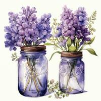 ai généré collection de aquarelle le maçon pots avec violet fleurs clipart. ai généré photo