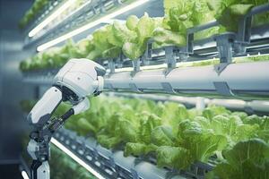 ai généré automatique agricole La technologie avec fermer vue de robotique bras récolte salade dans verticale hydroponique plante. ai généré photo