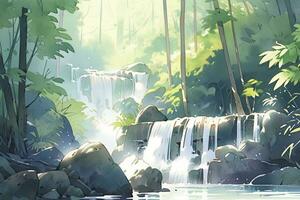 ai généré aquarelle scène de une en cascade cascade entouré par forêt tropicale. ai généré. photo