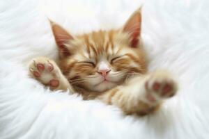 ai généré rouge chaton, chat en train de dormir mignonne sur blanc fourrure. génératif ai photo