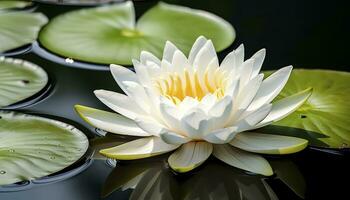 ai généré blanc l'eau lis. blanc lotus avec feuilles sur foncé étang. ai généré photo