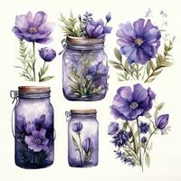 ai généré collection de aquarelle le maçon pots avec violet fleurs clipart. ai généré photo