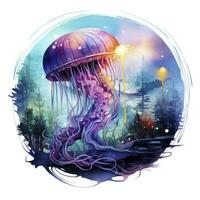 ai généré méduse dans un sous-marin paysage dans une cercle. ai généré photo