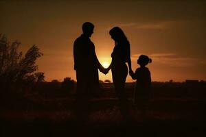 ai généré ombre de content famille ensemble, Parents avec leur peu bébé à le coucher du soleil. une silhouette de l'amour et unité. ai génératif photo