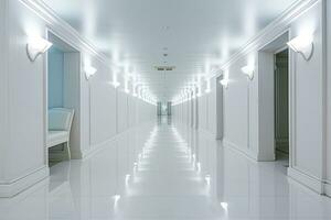 ai généré intérieur conception de une moderne luxueux blanc bâtiment couloir ou couloir avec attendre siège. ai généré photo