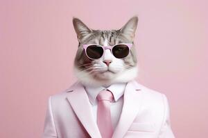 ai généré une chat est portant des lunettes de soleil et costume sur rose Contexte. ai généré photo