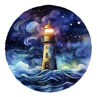 ai généré phare à côté de le mer à nuit. aquarelle pour T-shirt conception. ai généré photo