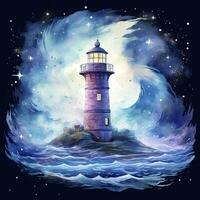 ai généré phare à côté de le mer à nuit. aquarelle pour T-shirt conception. ai généré photo