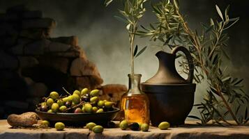 ai généré Olives et olive pétrole sur rural rustique Contexte. génératif ai photo