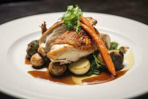 ai généré plaqué poulet rôti dîner sur une blanc assiette avec carotte et morille champignon. ai généré. photo