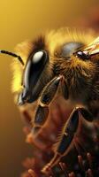 ai généré Jaune mon chéri abeille polliniser fleur dans extrême proche en haut photo