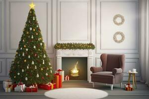 ai généré moderne vivant pièce avec cheminée, Noël arbre, cadeau des boites et fauteuil. ai généré photo