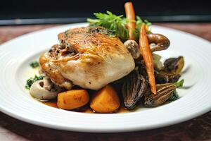 ai généré plaqué poulet rôti dîner sur une blanc assiette avec carotte et morille champignon. ai généré. photo