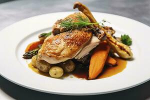 ai généré plaqué poulet rôti dîner sur une blanc assiette avec carotte et morille champignon. ai généré. photo