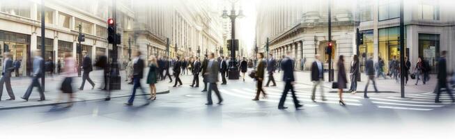 ai généré en marchant gens se brouiller. beaucoup de gens marcher dans le ville de Londres. large panoramique vue de gens traversée le route. ai généré photo