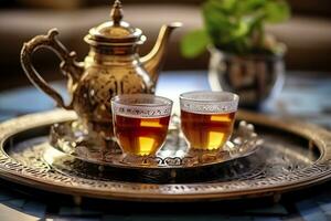 ai généré traditionnel marocain thé ensemble avec décoratif théières, lunettes, et menthe feuilles. génératif ai photo